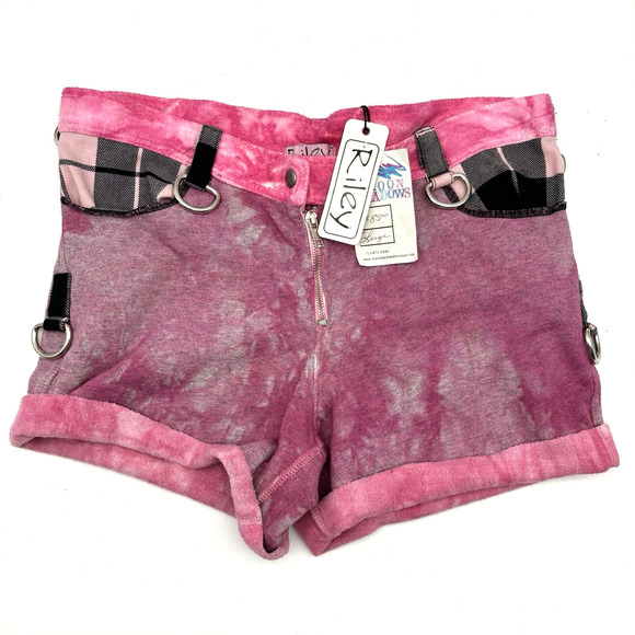 Vintage 00s Riley Hot Pink Plaid D-ring Cuffed Hem Stretch Punk Shorts L 33x3.5"